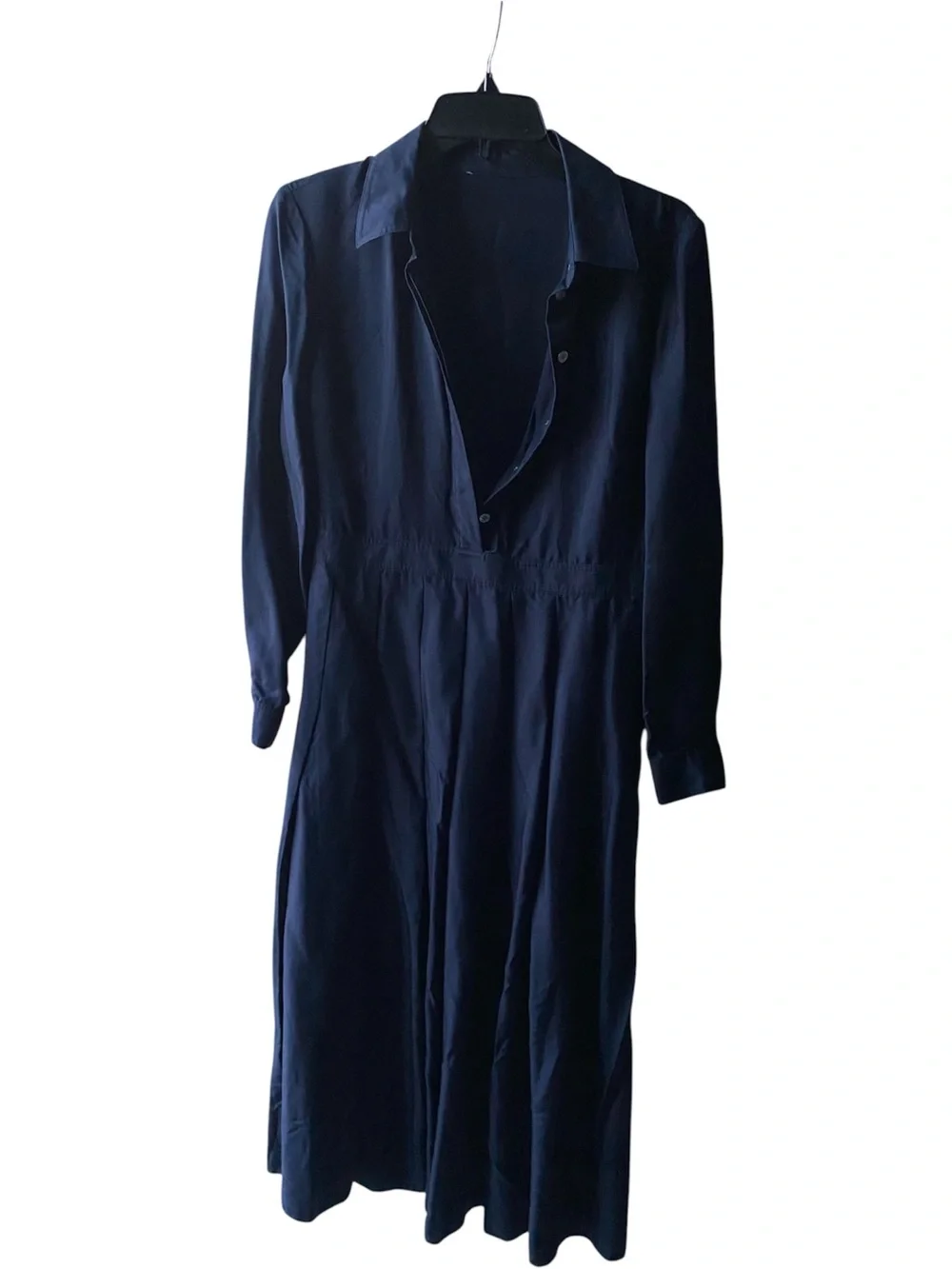 TORY BURCH SILK Navy Blue 100% Silk Pleated Midi Shirtdress long sleeve